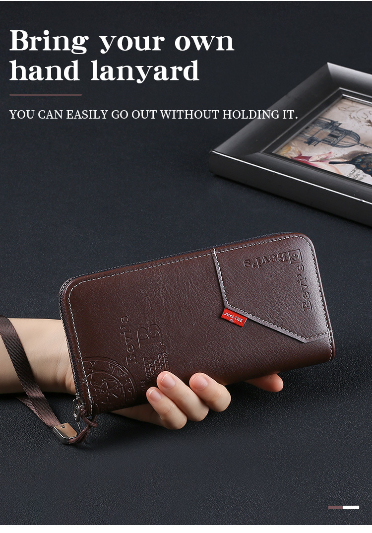 潮流男士多功能字母压花拼接手拿包复古拉链长款钱包青年款详情4