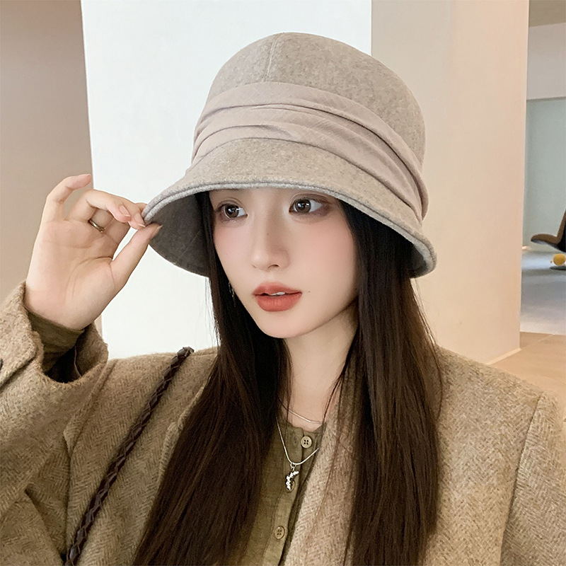 2025春秋季新款毛呢渔夫帽子女宽檐显脸小气质优雅绑带盆帽水桶帽