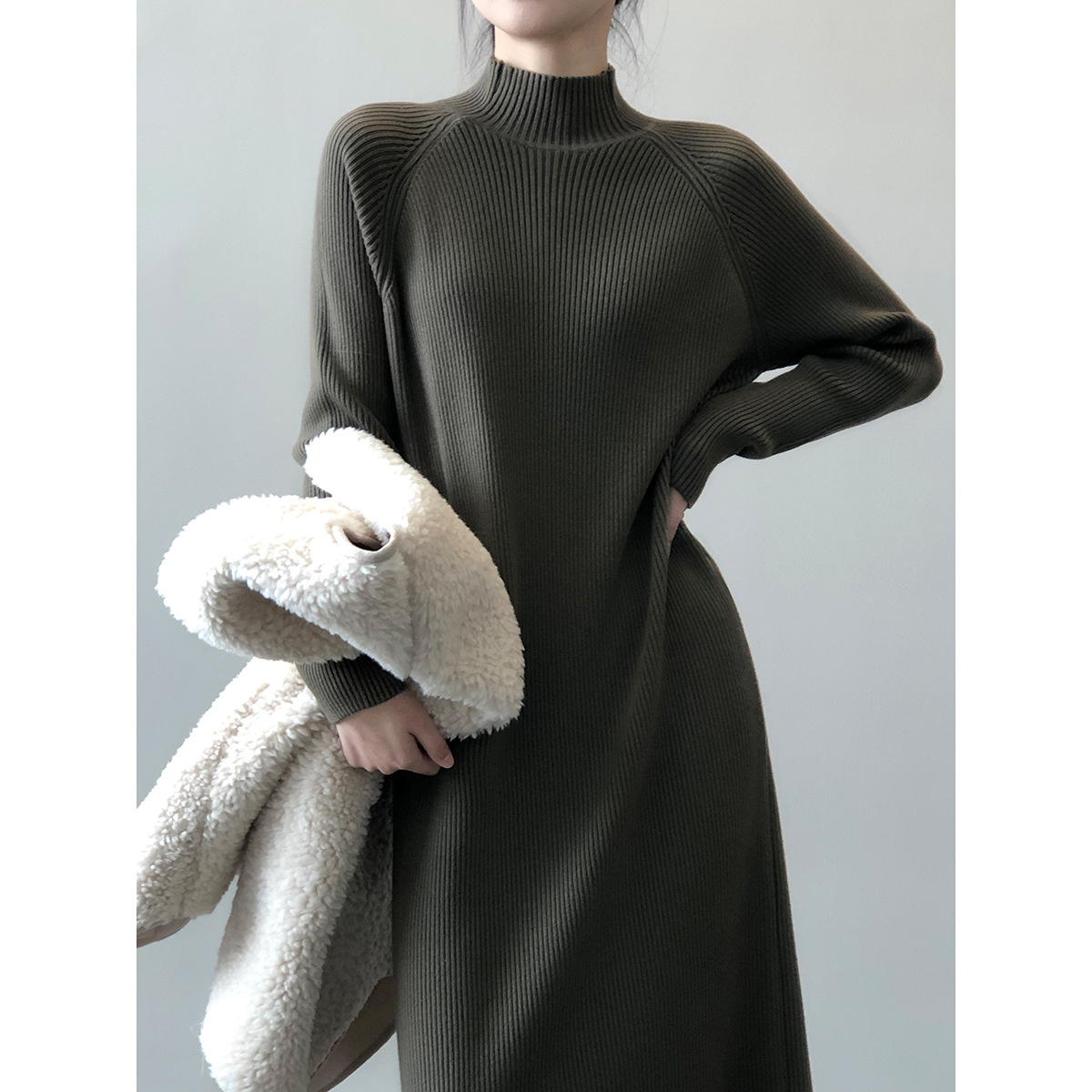Vestido de punto mujer invierno nuevo jersey de cuello medio alto largo medio sobre la rodilla falda