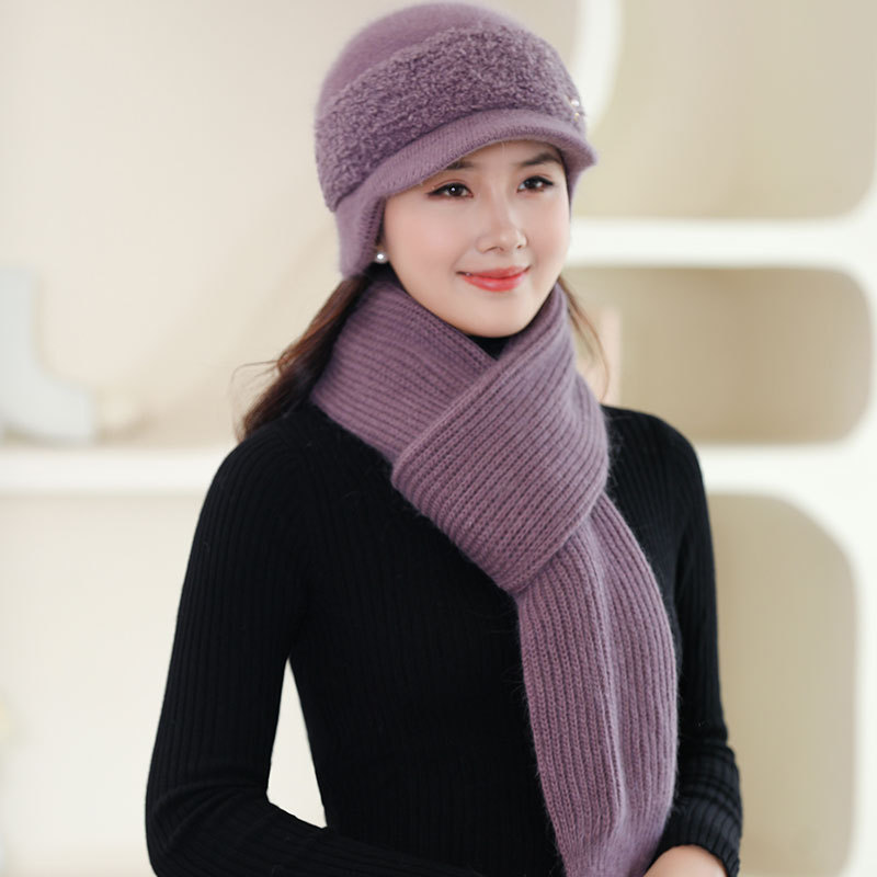 Fashion Rabbit Hair Duck Tongue Knitted Hat Lady Mother Plus Fleece Warm Ear Protection Woolen Hat Elderly Grandma Hat details Picture