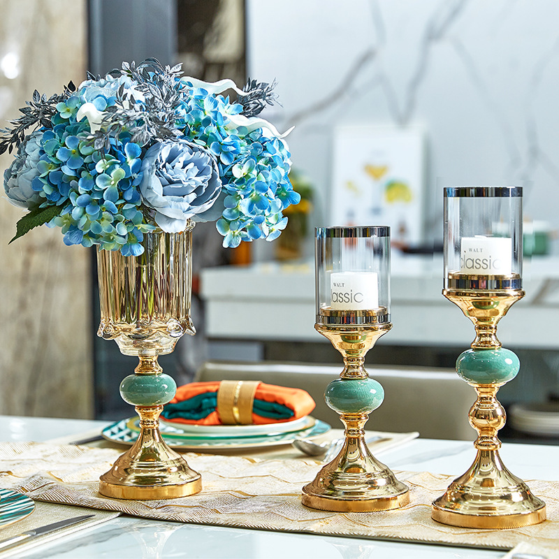 Light Luxury Gold Metal Crystal Glass Vase European Model Room Living Room Table Top Decoration Vase Set details Picture