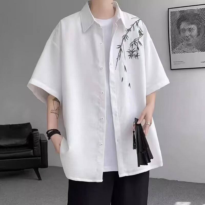 新中式国风刺绣短袖衬衫男士夏季新款潮流青少年大码半袖衬衣外套