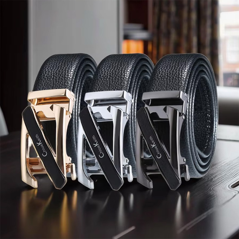 男士皮带自动扣头层牛皮腰带商务字潮流字母扣包边荔枝纹真皮裤带