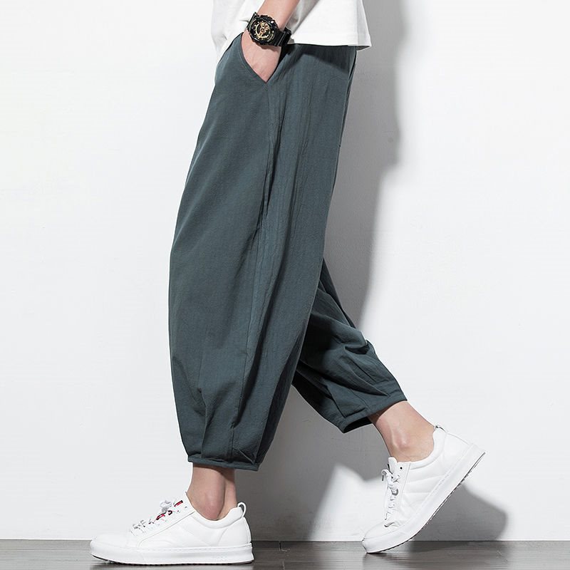 New Chinese-style Spring and Autumn men's loose wide-leg radish nine-inch pants, trendy cotton and linen casual Harun beach lantern pants Specification image