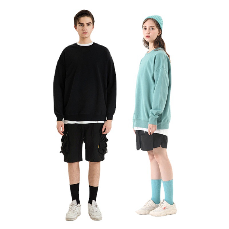 380g heavy-weight off-the-shoulder loose cotton men's and women's hoodie with large loops, round neck trendy printed solid color pullover hoodie Item Picture
