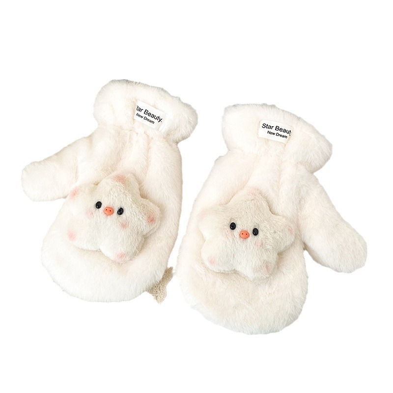 Cute cartoon star doll gloves for girls in winter, thickened, fluffy and warm cycling and driving gloves Item Picture