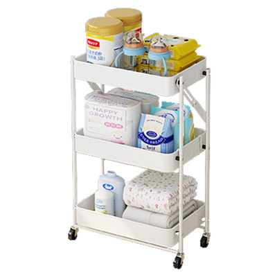 One-button folding three-layer shelving cart shelving floor multi-layer portable kitchen shelving for household baby products Item Picture