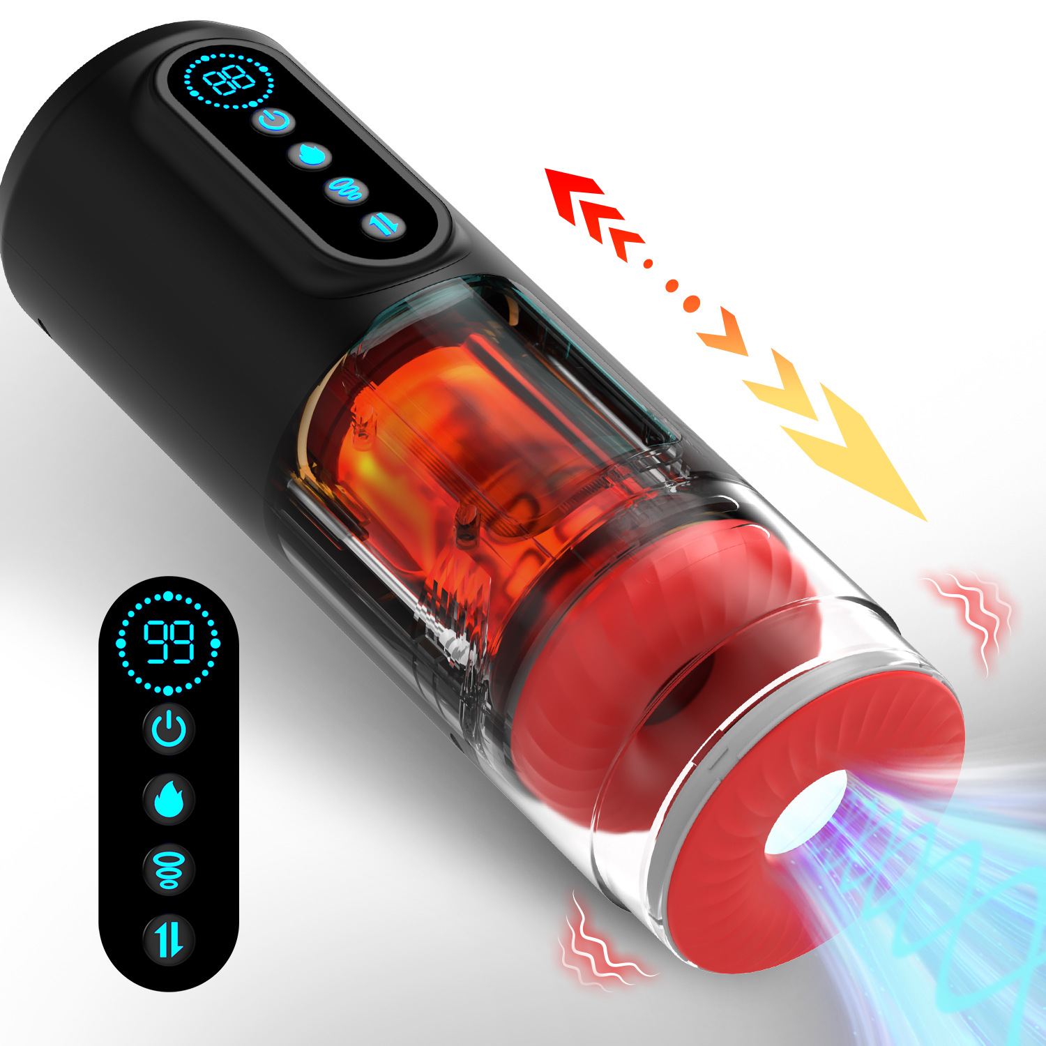 The fourth generation of the "Mad Dog" aircraft cup is an automatic, highly dynamic, telescopic, sucking, heating, and sound-producing male masturbation device for sexual pleasure Specification drawing