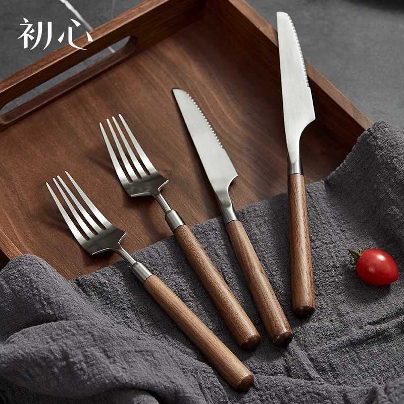 初心胡桃木牛排刀叉304不锈钢餐具家用西餐牛扒刀具三件套装