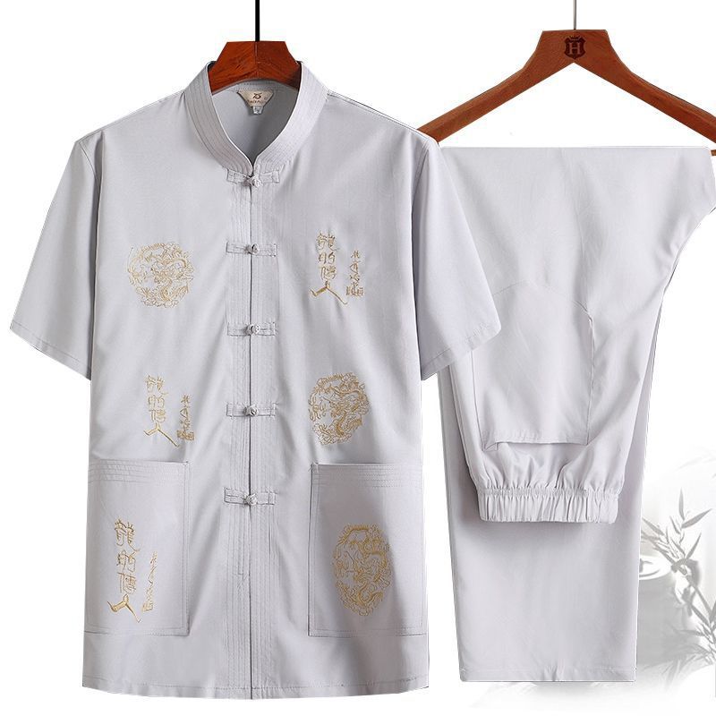 Summer sets for middle-aged and elderly people in Chinese fashion, Tang suits, men's short-sleeved shirts with embroidery, dad's Chinese-style casual morning exercises, grandpa's Hanfu Specification image