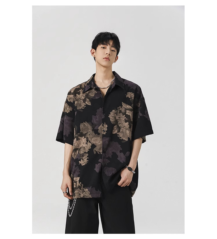 NASA短袖花衬衫男士夏季薄款痞帅冰丝速干碎花休闲翻领男衬衣潮牌详情9