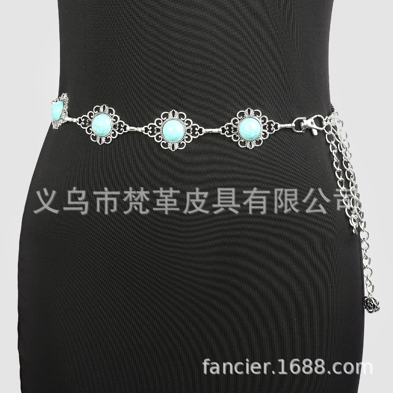 新款欧美金属镶嵌松石雕刻腰链女款高级感轻奢波西米亚风身体腰链