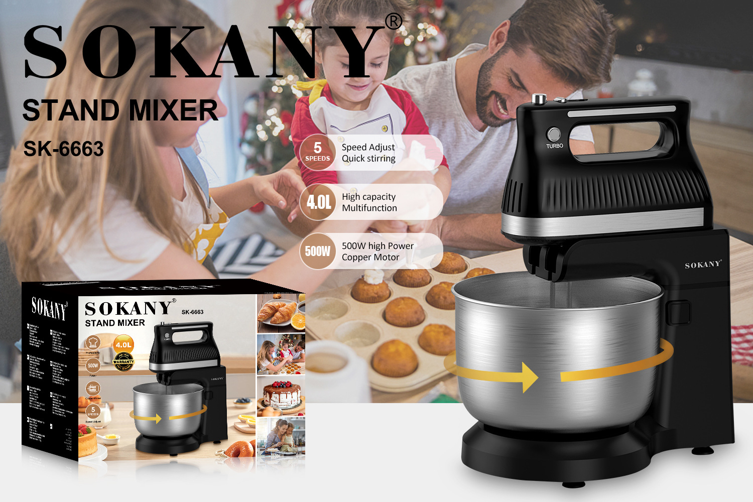 Cross-border SOKANY6663 desktop egg beater, household dough Mixer, 4L egg beater, Stand Mixer details Picture