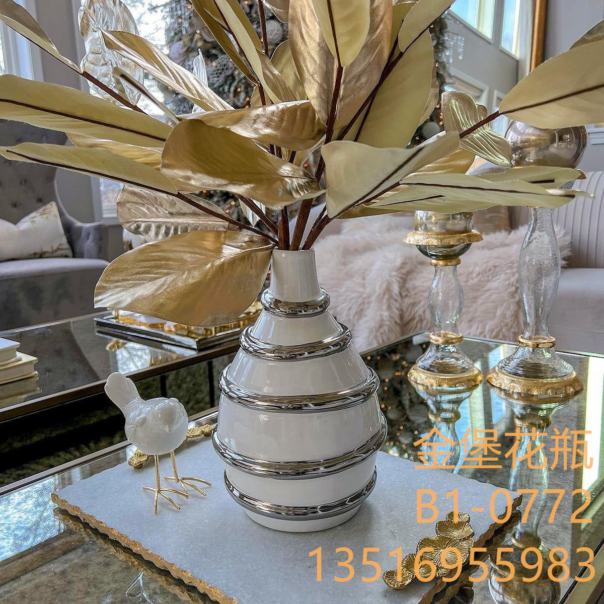 Light luxury electroplated gold thread ceramic vase Modern decorative decoration hotel porch flower shop vase home decoration details Picture