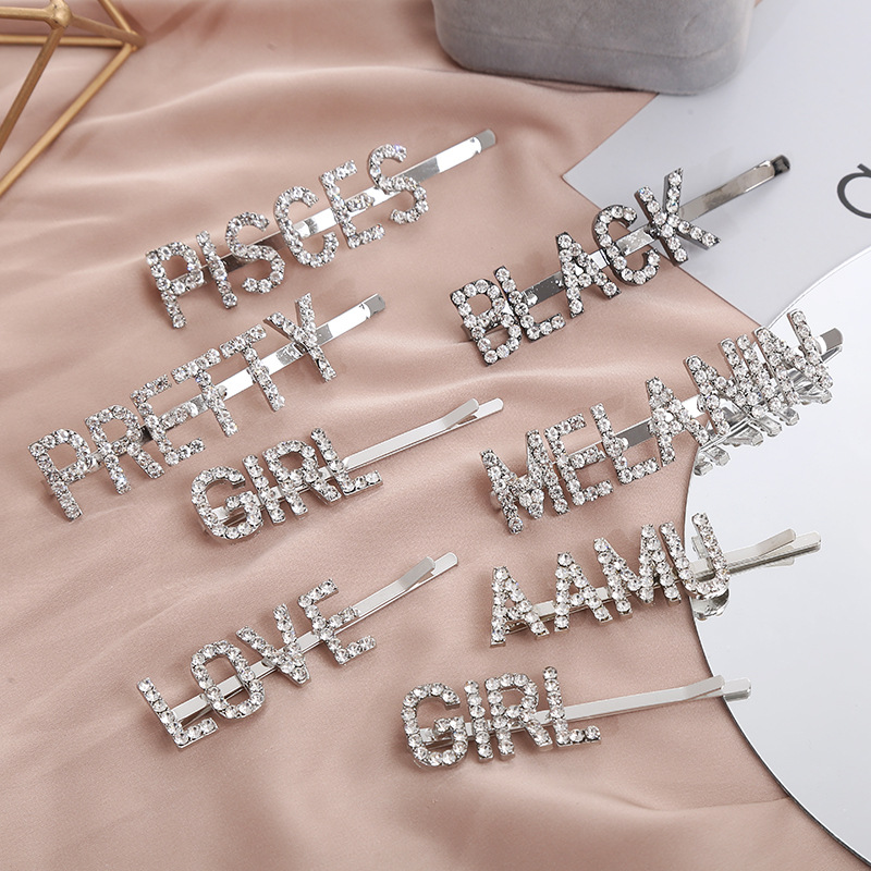 Custom letter hair clips from Europe, America, Japan and South Korea, fashionable hair accessories, simple metal hair clips for girls, water diamond edge clips, factory price wholesale