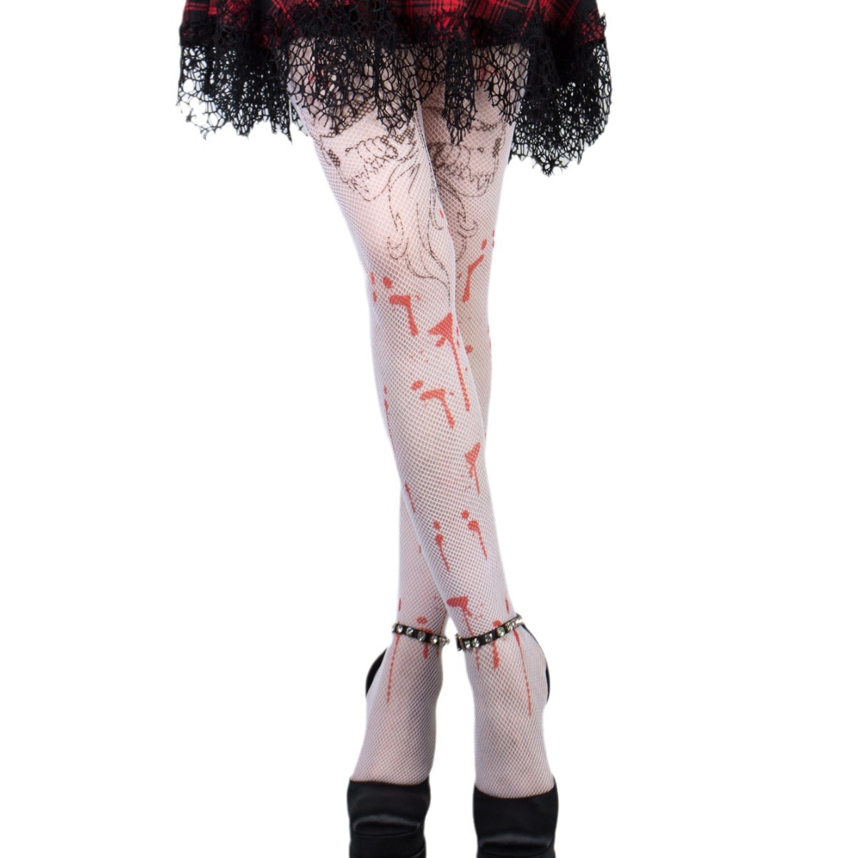 Cross-border European and American printed red blood ghost head small net white Halloween party base layer jumpsuit fishing net small mesh net sock Item Picture