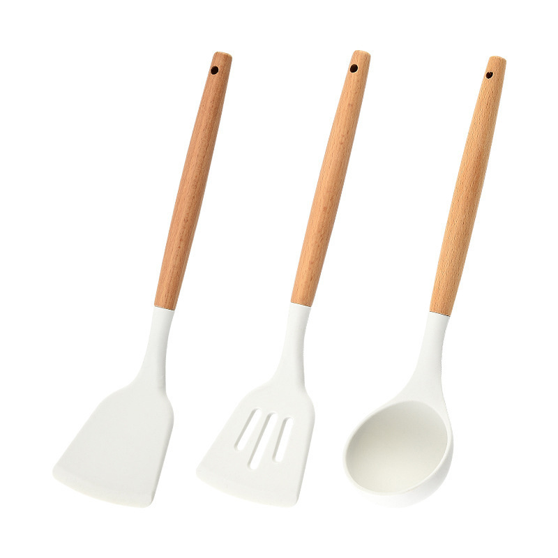 Off-The-Shelf Wooden Handle Silicone Kitchenware Three-Piece Soup Spoon Spatula Kitchenware Set Non-Stick Steak Frying Spatula Kitchen Utensils Item Picture