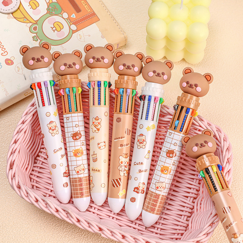 Bear 10-Color Ballpoint Pen Cartoon Press Multi-Color Pen Student Writing Tool 10-Color Press Ballpoint Pen details Picture