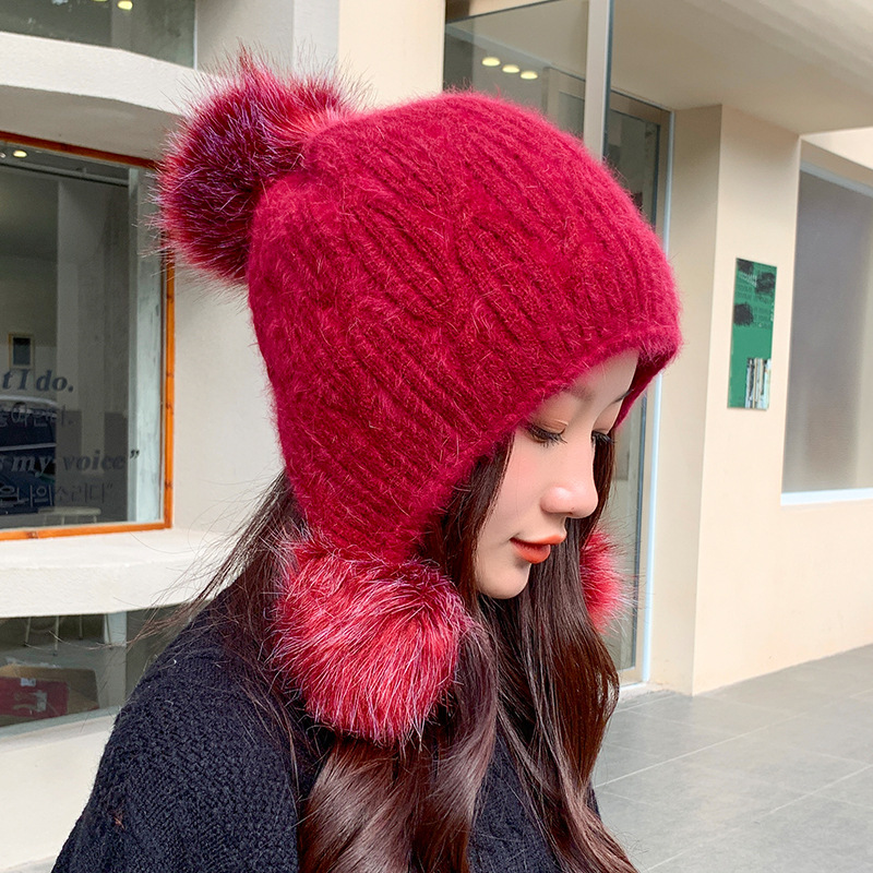 秋冬季新款韩版女士户外加绒保暖针织毛线帽甜美毛球纯色套头帽子详情图4