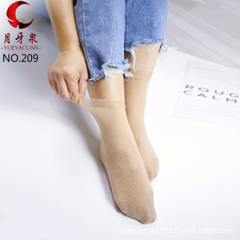 月牙泉209 女士蕾丝花边夏季薄款钢丝面膜中短筒丝袜透明女对对袜详情图1