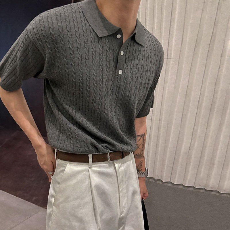 MYQ Linen pattern lapel knitted short-sleeved men's summer loose Polo shirt, short T-shirt, Korean-style old money style half-sleeved T-shirt details Picture