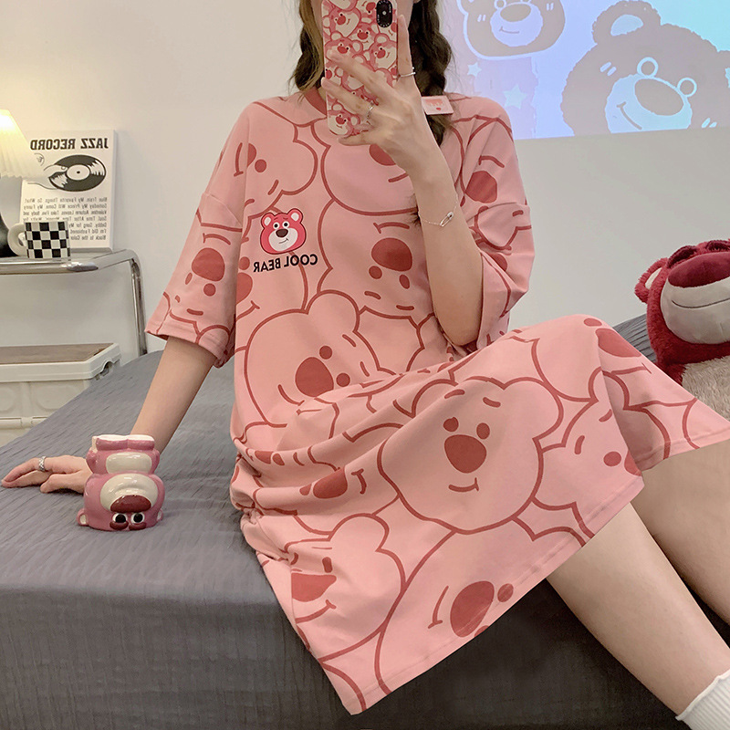 New Nightdress Women Short Sleeve Cotton Summer Korean Version Of Students Sweet Cute Cartoon Loose Large Size Ladies Home Wear details Picture