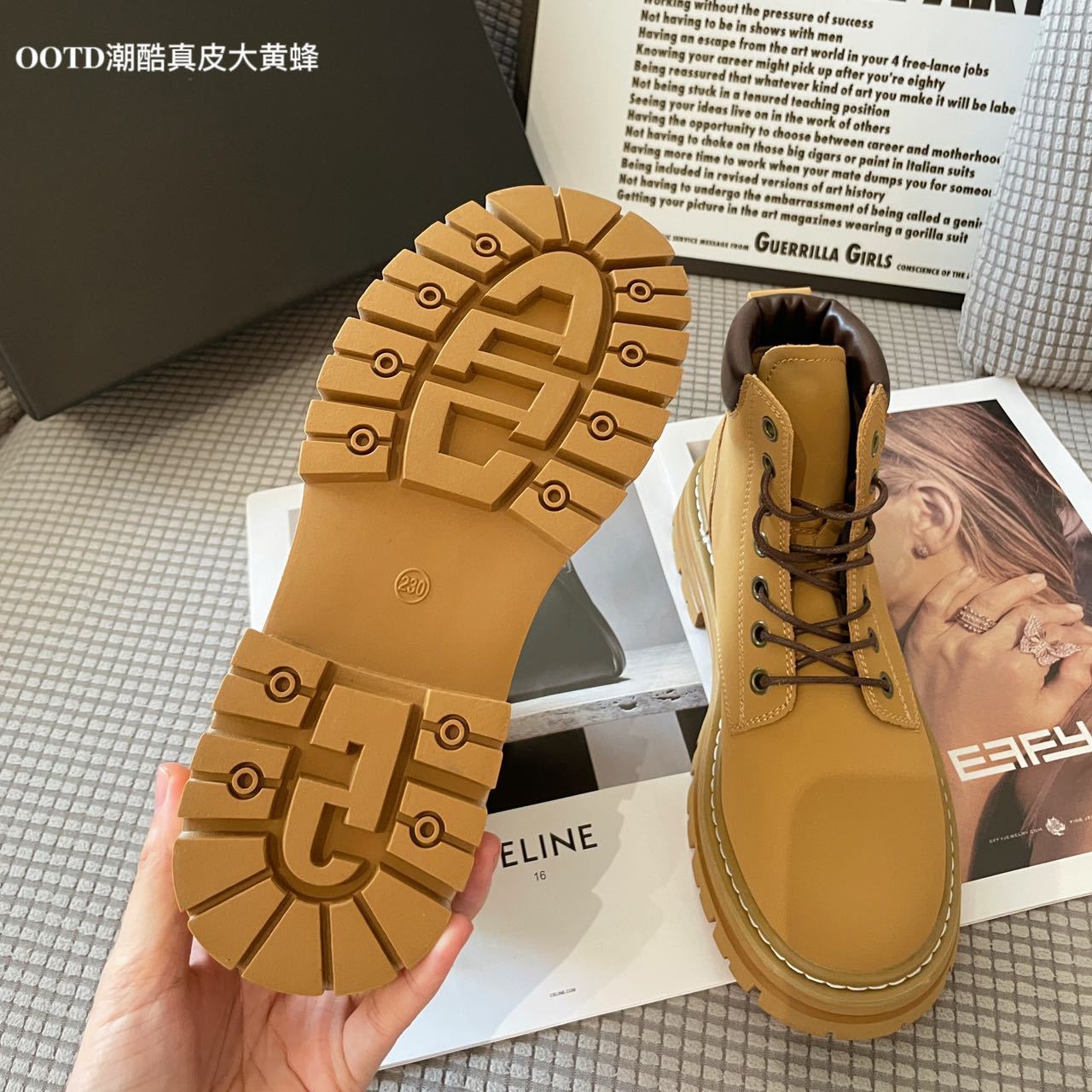 Grape Mother Spring And Autumn New Thick Soled Big Yellow Boots Round Head Boots Single Inside High Help British Wind Martin Boots Woman Specification drawing