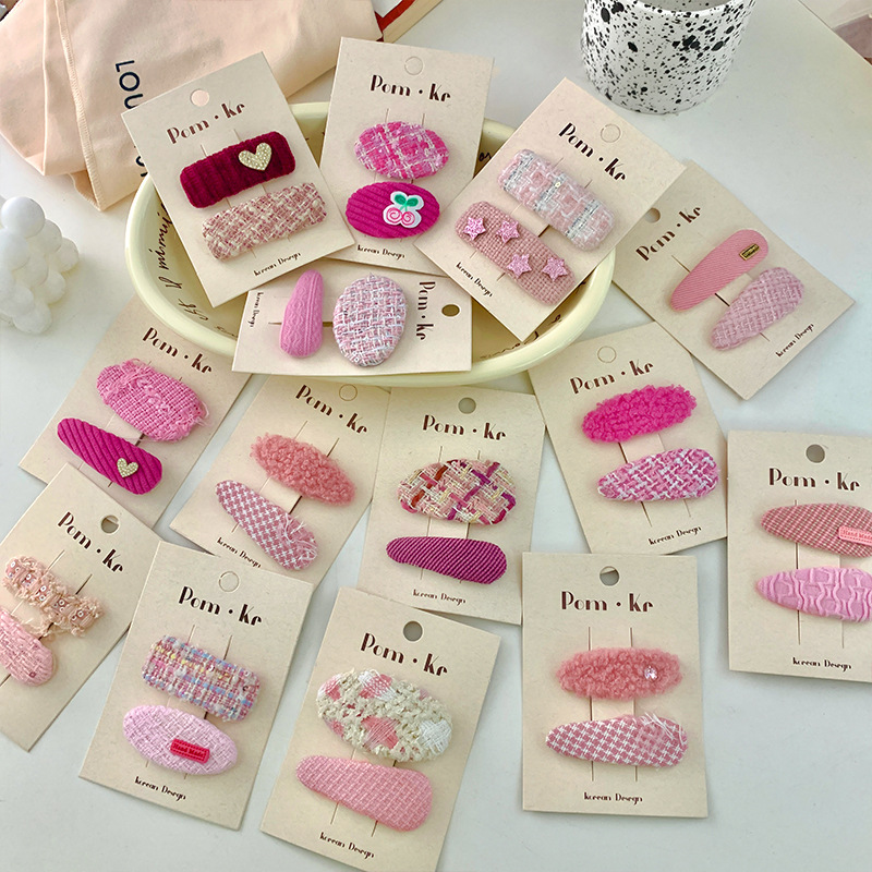 New sweet pink woven geometric teardrop heart cherry children's bb clip pair fabric checkered fringe clip