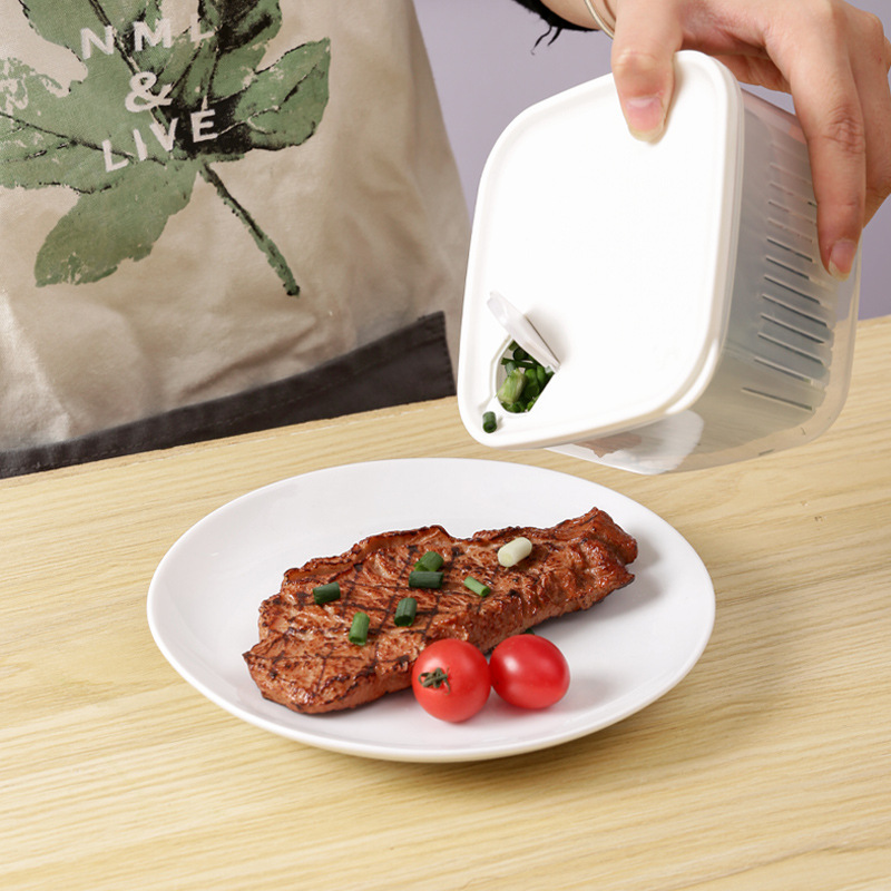 Kitchen household refrigerator with lid drain ingredients Food crisper sealed plastic open scallion fruit storage box details Picture