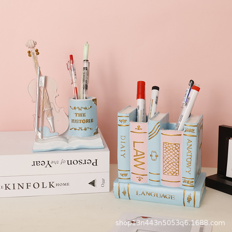 欧式复古造型笔筒办公桌面收纳书柜装饰摆件树脂工艺品创意礼品