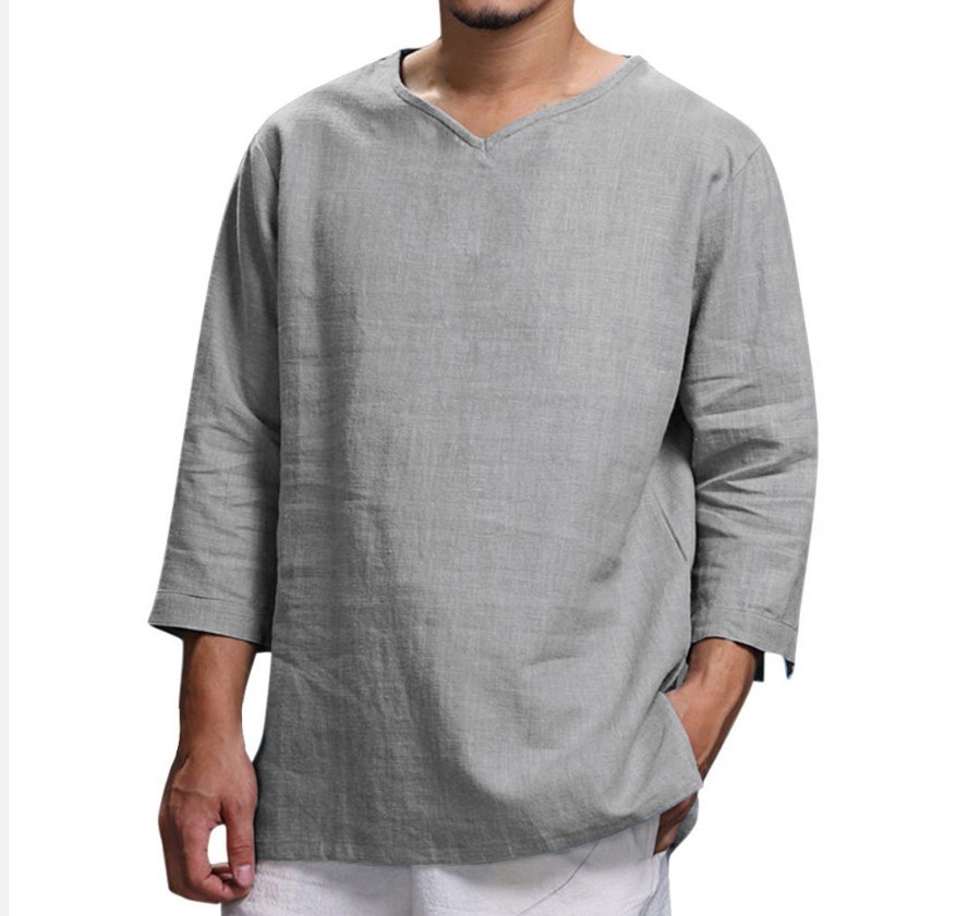 2022 AliExpress new foreign trade tops wish Amazon men's long-sleeved V-neck loose cotton and linen shirts in stock details Picture
