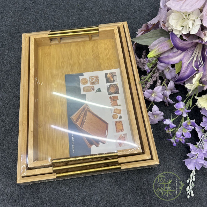 金属手柄3件套竹制托盘创意提手方形茶托盘家用酒店名宿茶具小茶