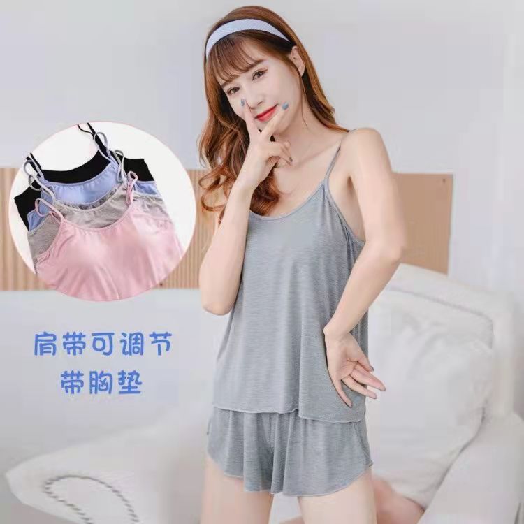 Modal Pajama set for women's summer, thin bar cup with chest pad, adjustable straps, sleeveless home wear details Picture