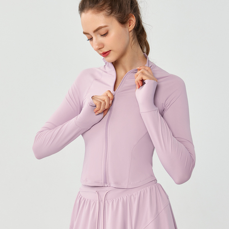 Outdoor Standing Collar Neck Protective Sunscreen Clothes Women Slim Running Coat Uv Protection Fitness Coat Long Sleeves details Picture