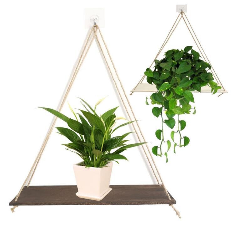 Wooden hemp rope wall-mounted storage rack, wall-hung flowerpot storage rack, wooden board wall-mounted hanging decorative items