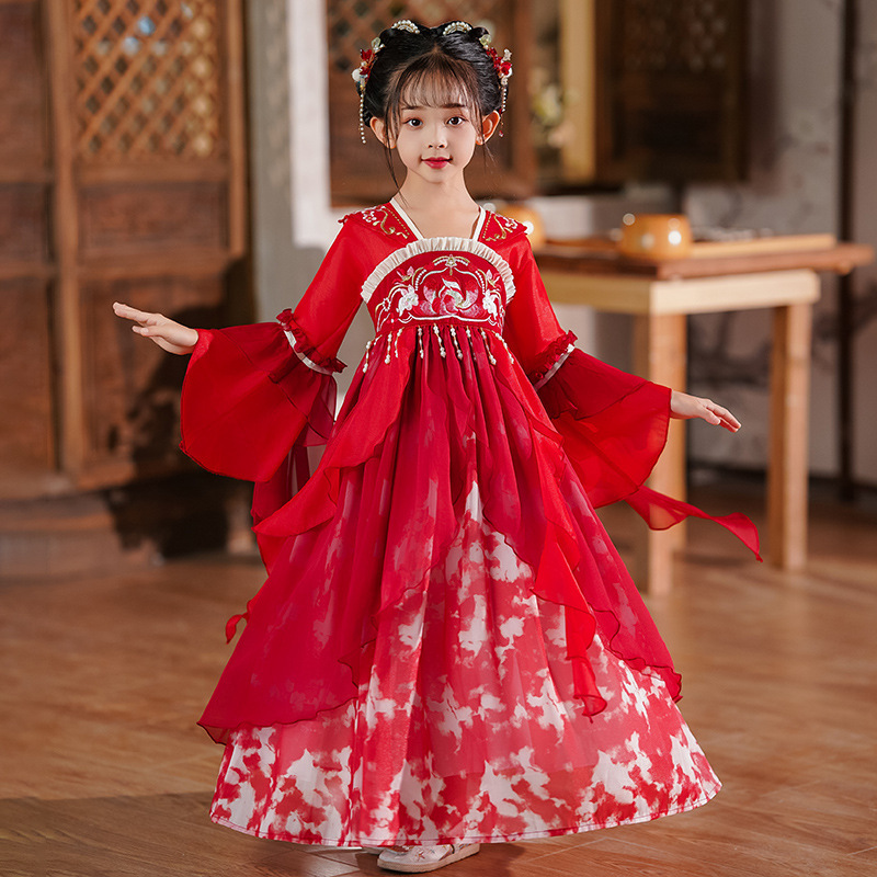National Trend - Girls' Hanfu 2026 New Tang Suit, Chinese Style Long-sleeved Embroidered blouse and Skirt, Ancient-style performance Costume, Super Fairy Ancient-style skirt