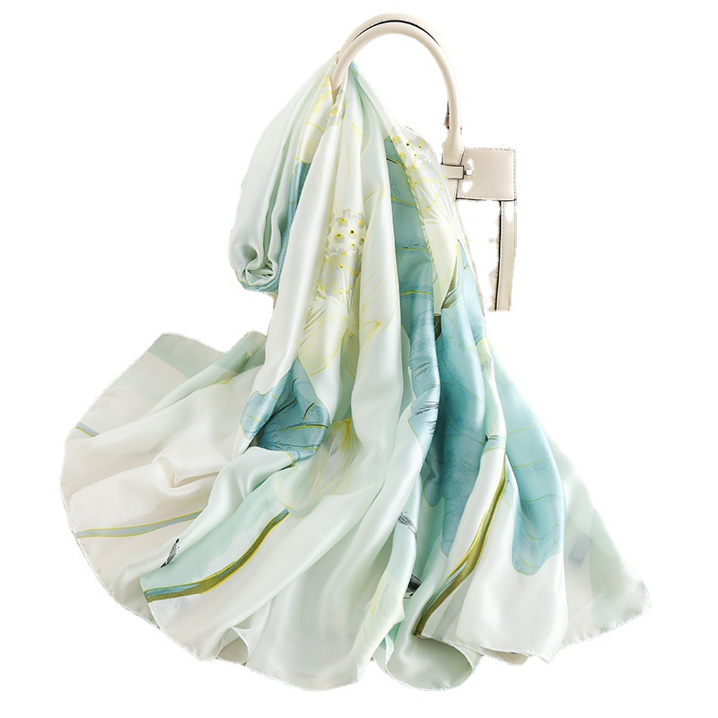 Silk Scarf Female Imitation Silk Printing Spring And Summer Lotus Sunblock Shawl Beach Scarf Gauze Scarf Wholesale Item Picture