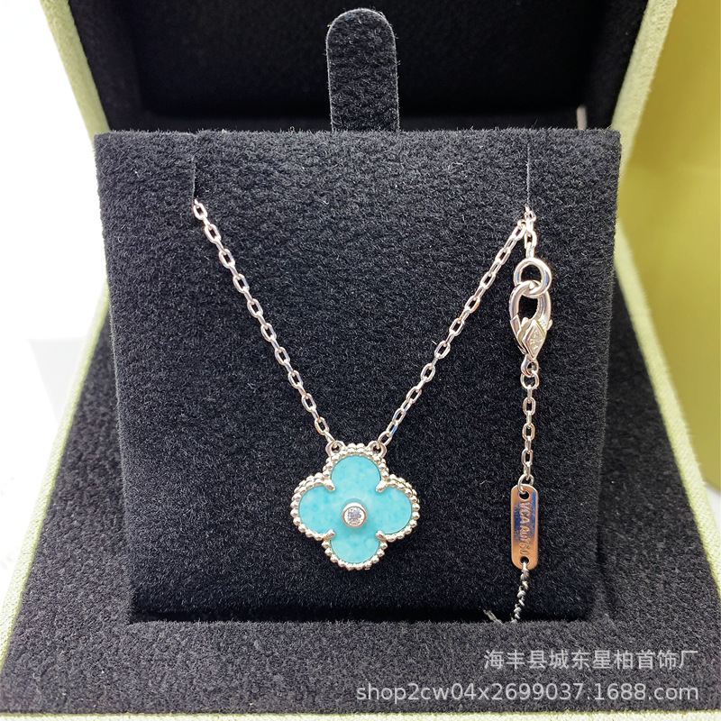 新款纯银925圣诞限定蓝色四叶草单钻18K金薄荷绿幸运草项链锁骨链