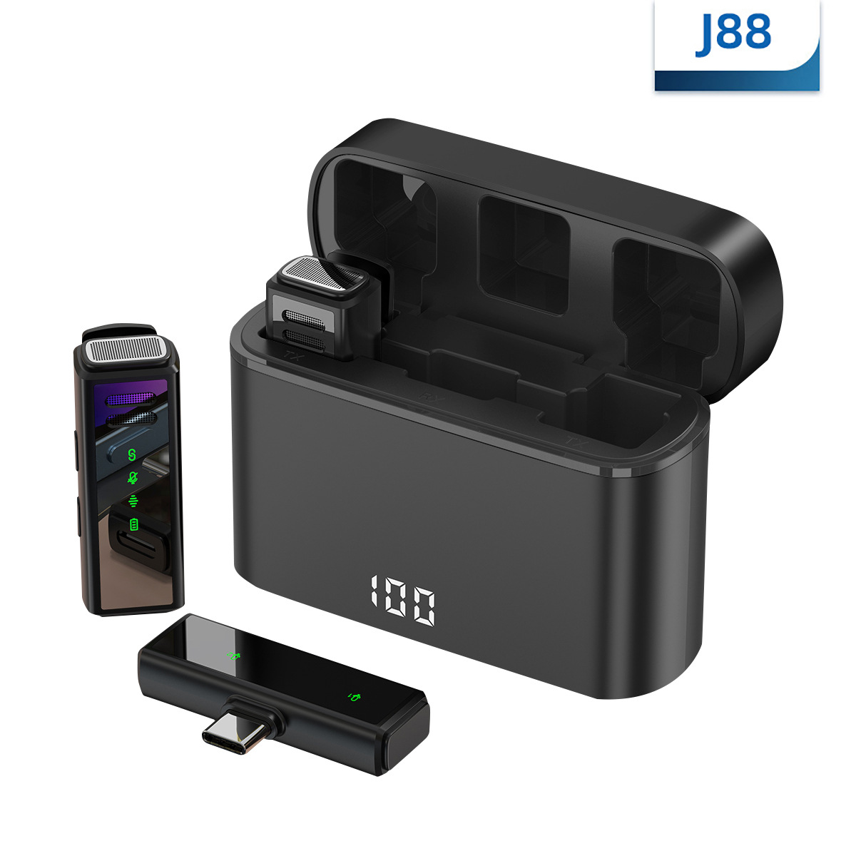 新款J88无线领夹式麦克风一拖二充电仓 户外手机直播收音降噪话筒图