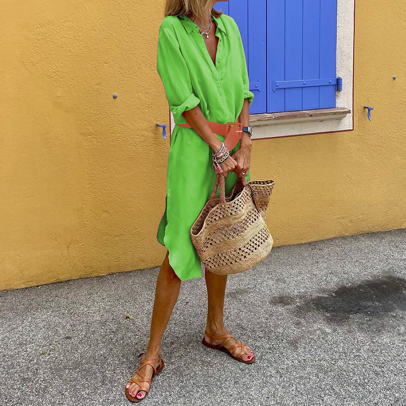 FD14872023 Spring and Autumn New Cross-border Women's fashion and elegance Solid color cardigan lapel split mid-length dress details Picture