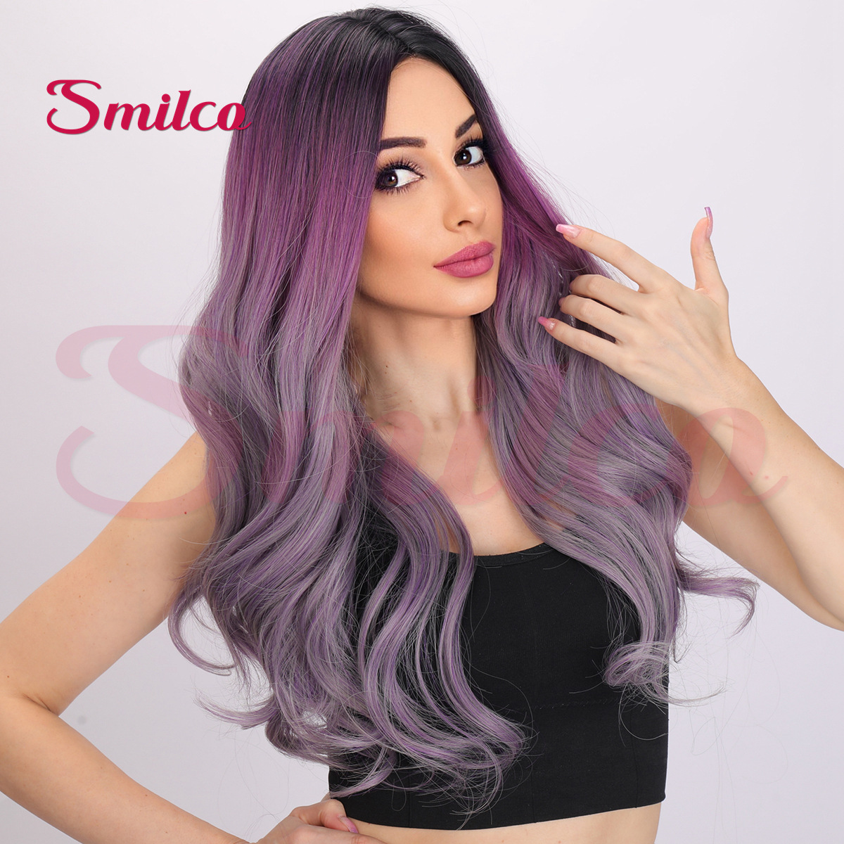 Peluca mujer europa y américa fibra química onda púrpura cabeza completa cubierta exportación peluca wig largo cabello rizado nivel de exportación al por mayor details Picture