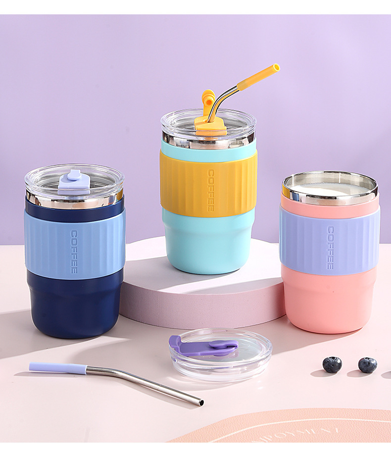 New simple silicone anti-scald stainless steel insulated cup with built-in straw drinking cup, ins style insulated lock cold water cup pic 15