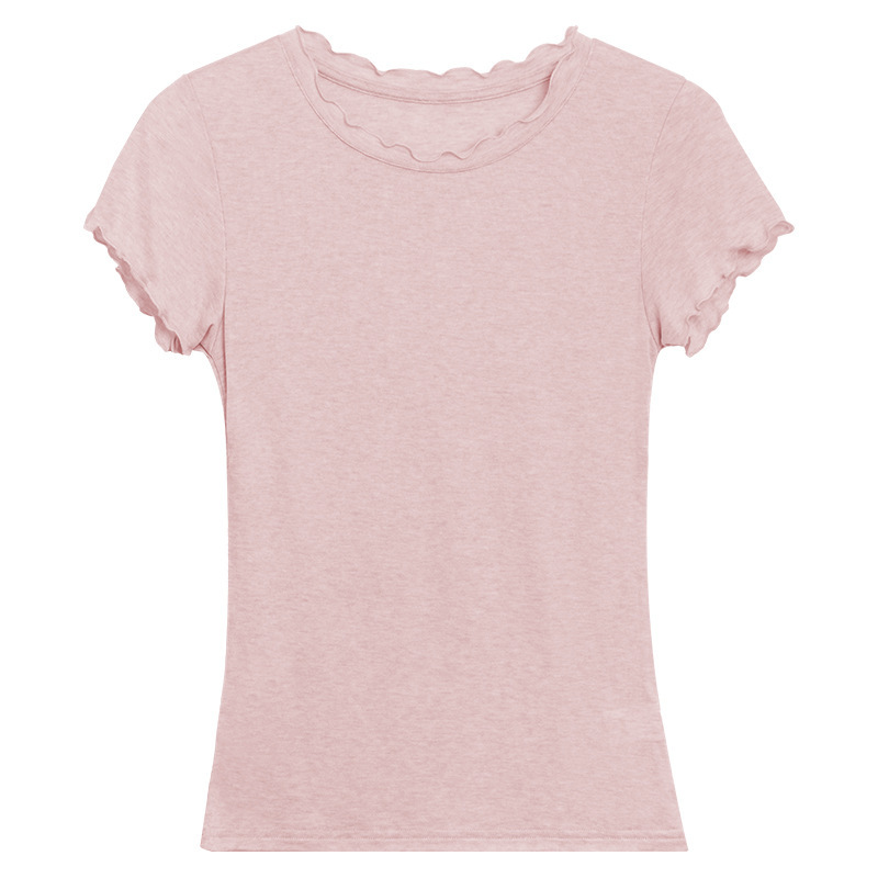 Spring Tencel wool short-sleeved women's black ear-trimmed round neck cute and simple pullover light women's top base T-shirt Item Picture