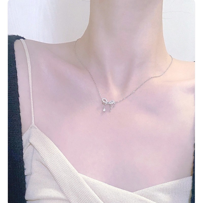 S925纯银蝴蝶结锆石吊坠项链轻奢小众设计吊坠送女朋友闺蜜礼物
