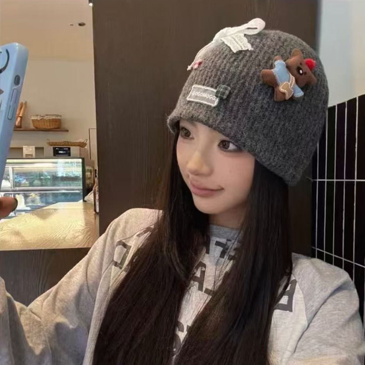韩系ins蝴蝶结小熊毛线帽女秋冬百搭护耳保暖针织帽子显脸小冷帽详情7