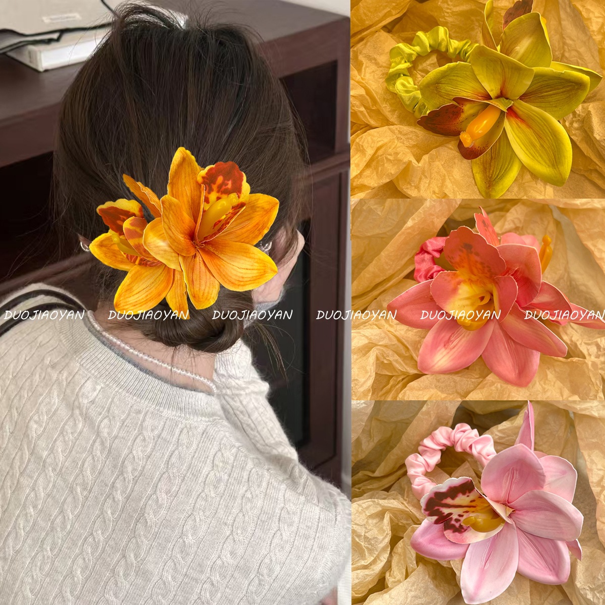 The new spring and summer style of the orchid flower hair band exudes a high-end and realistic floral hair accessory with an extremely ethereal atmosphere. It is an early spring accessory and a floral headwear full figure