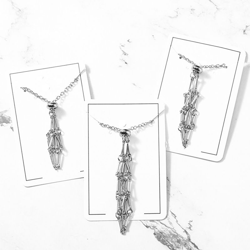 Stainless Steel Metal Bamboo Knot Woven Net Cage Pendant With Natural Crystal Raw Stone Ore Hanging Necklace Adjustable Application Scenario