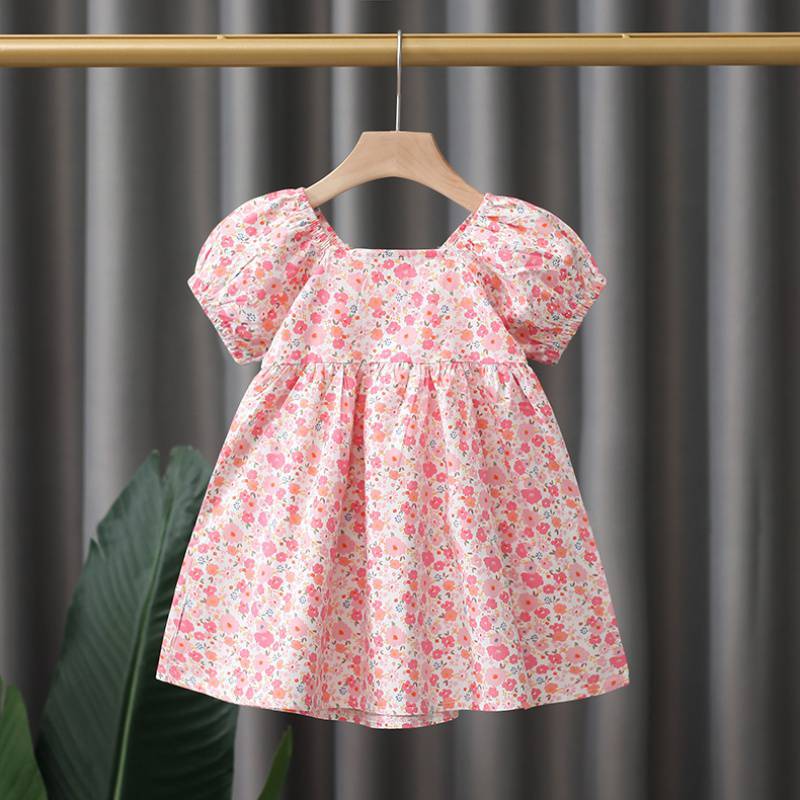 Summer pure cotton floral puffed-sleeve children's princess dress, summer short-sleeved dress for baby girls Application Scenario
