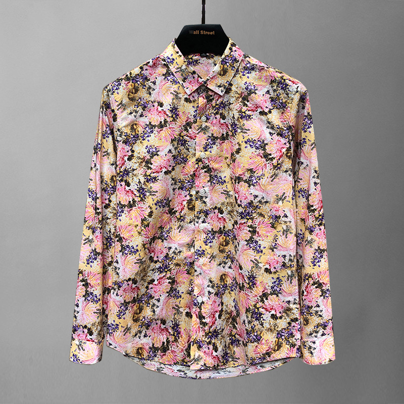 欧货潮牌个性花色衬衫长袖春秋季新款满身碎花印花修身翻领衬衫