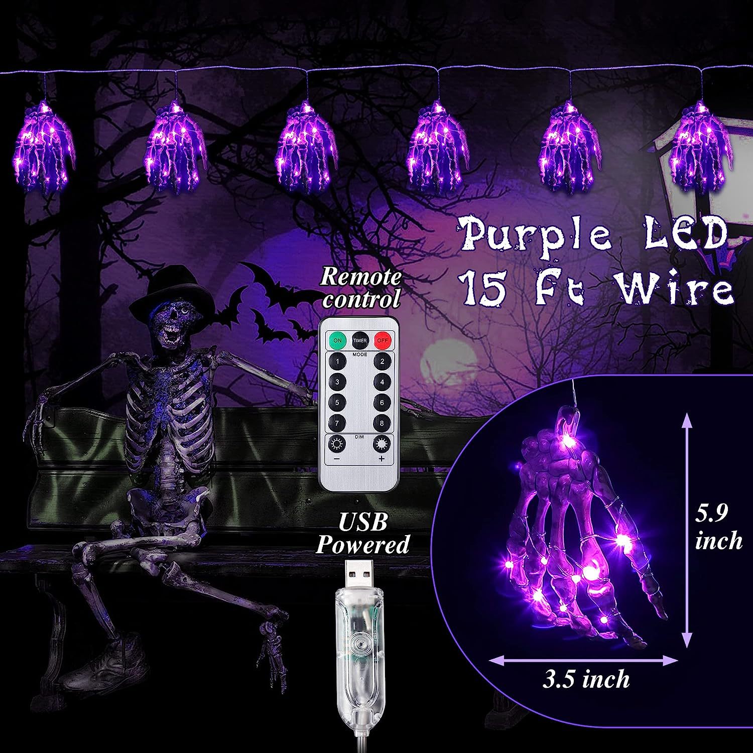 Halloween led decorative lights, terrifying atmosphere lights, skull hands, ghost claws, Ghost Festival copper wire lights, string purple claw lights details Picture